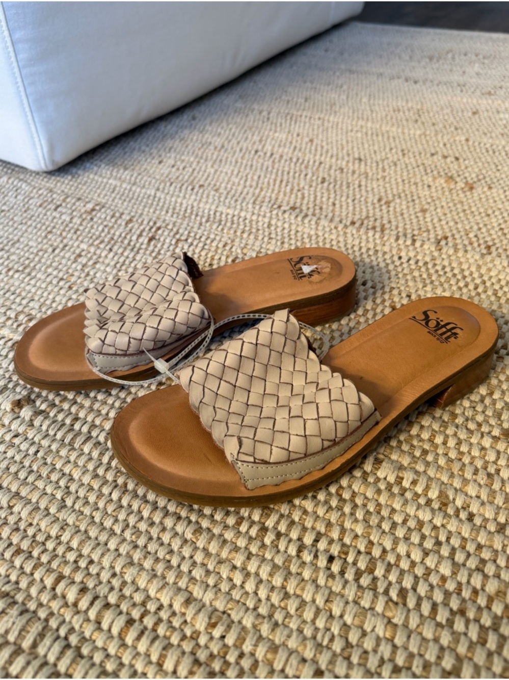 Sofft Beige Woven Leather Slide Mules